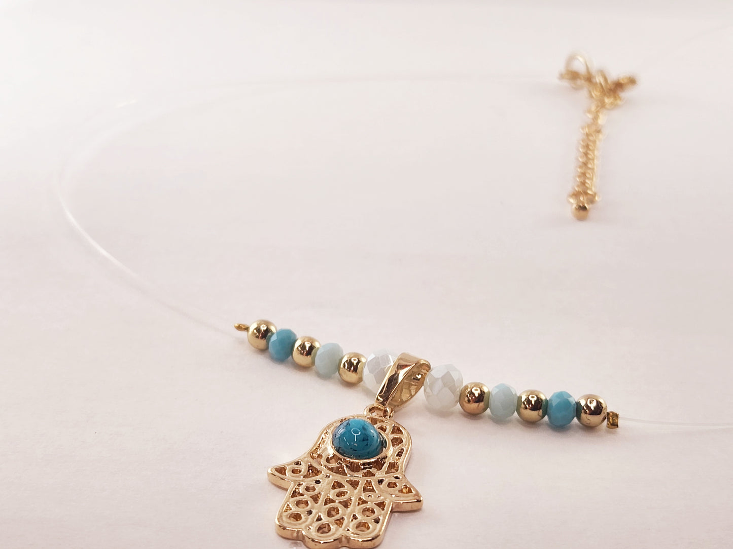 Invisible Thread Necklace - Gold Plated Hamsa Hand Pendant