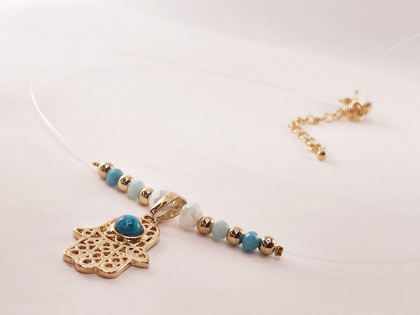Invisible Thread Necklace - Gold Plated Hamsa Hand Pendant