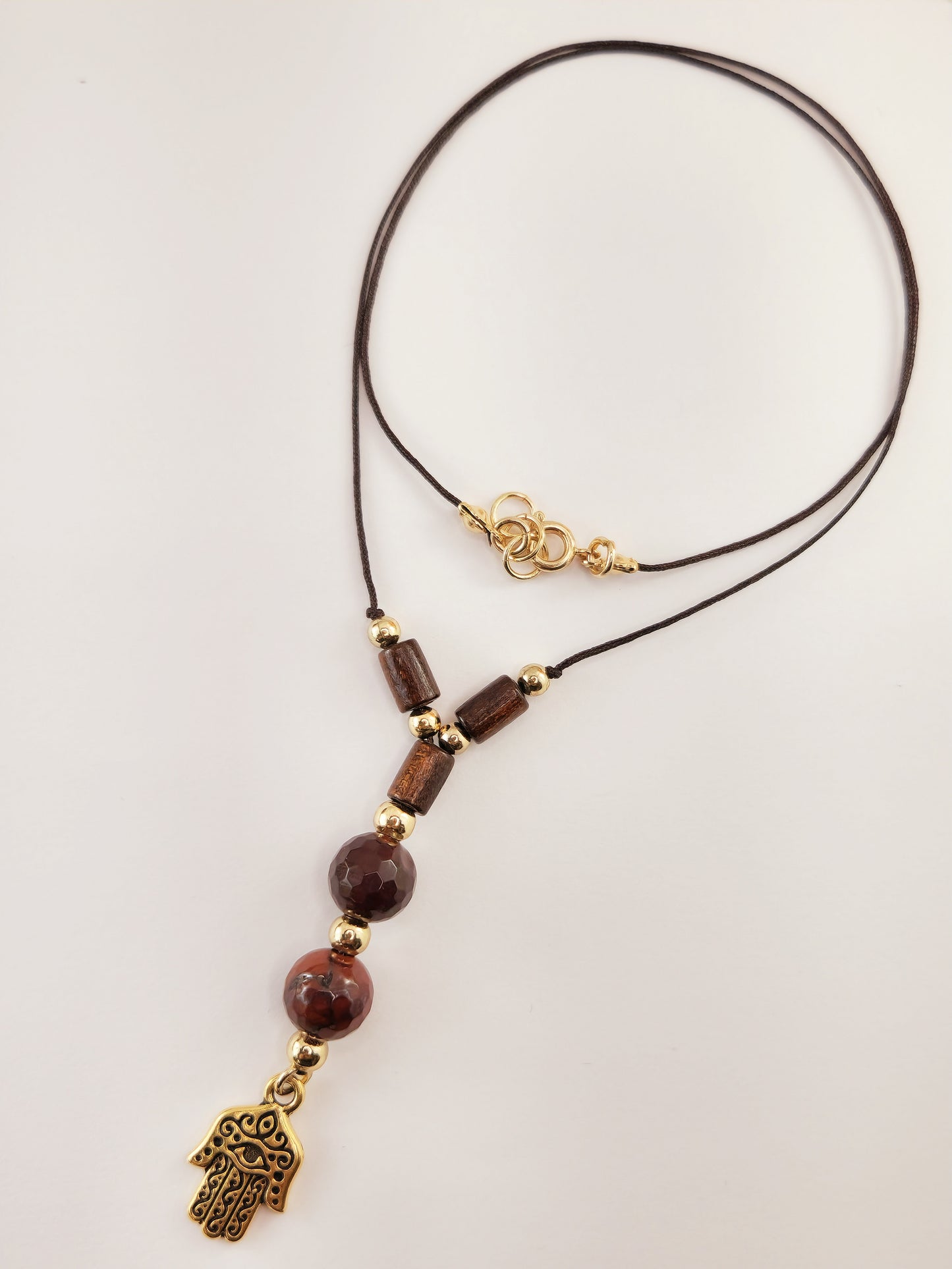 Thread Necklace - Wood - Mookaite Stone - Hamsa
