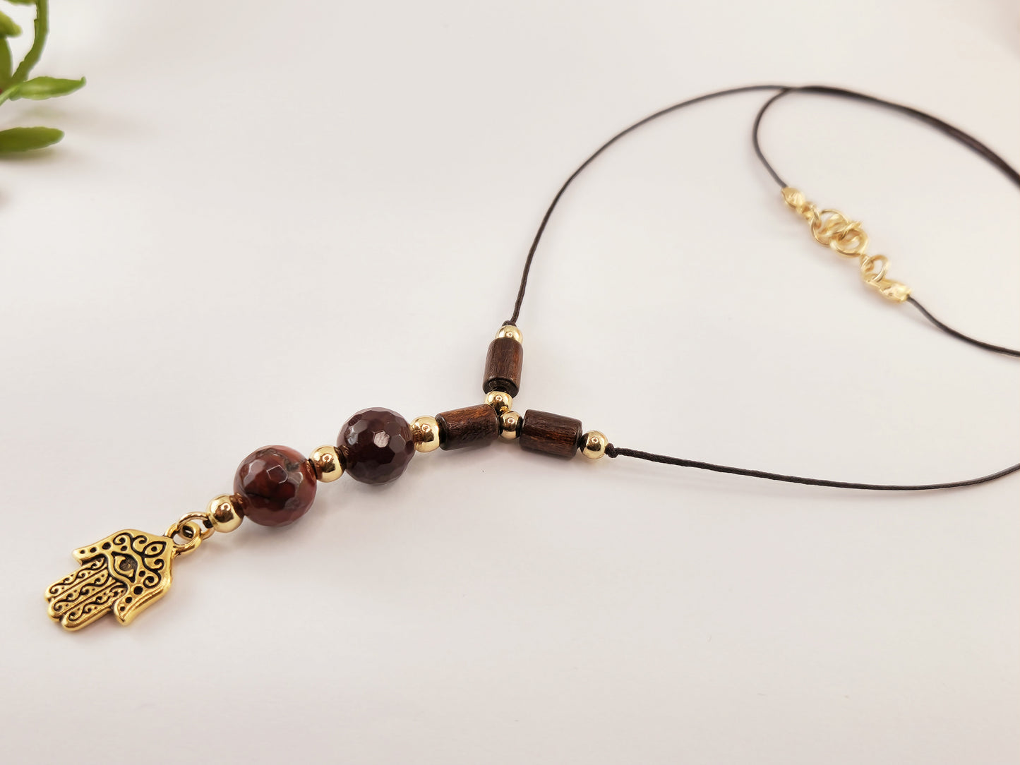 Thread Necklace - Wood - Mookaite Stone - Hamsa