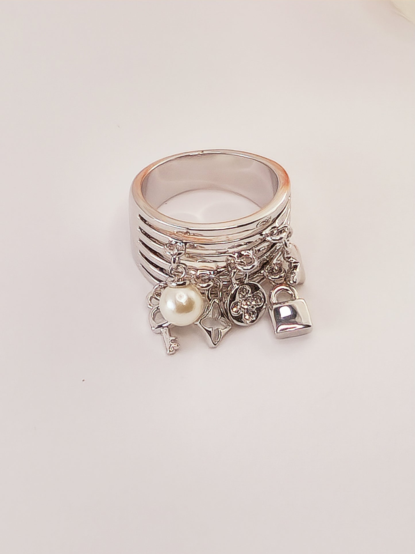Silver Peace Ring with Crystal and Pearl Pendant