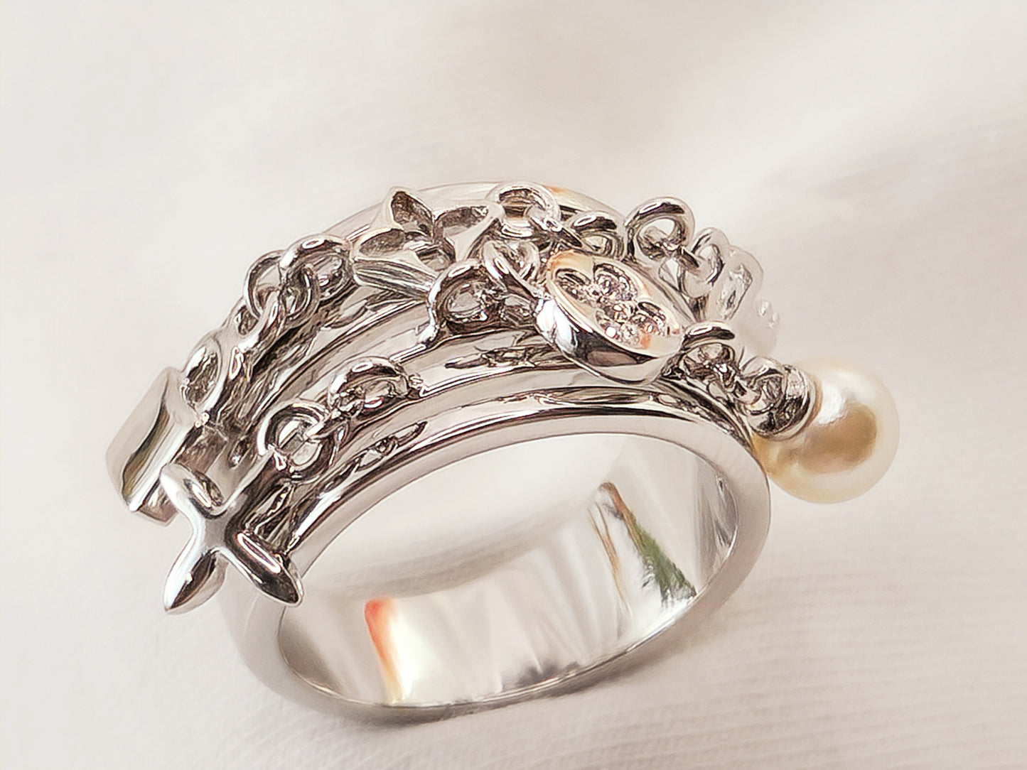 Silver Peace Ring with Crystal and Pearl Pendant