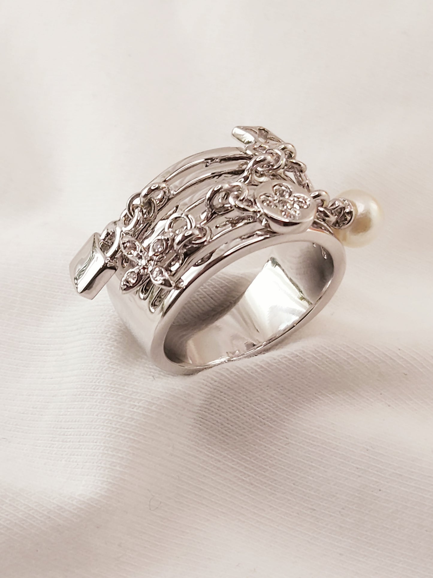 Silver Peace Ring with Crystal and Pearl Pendant