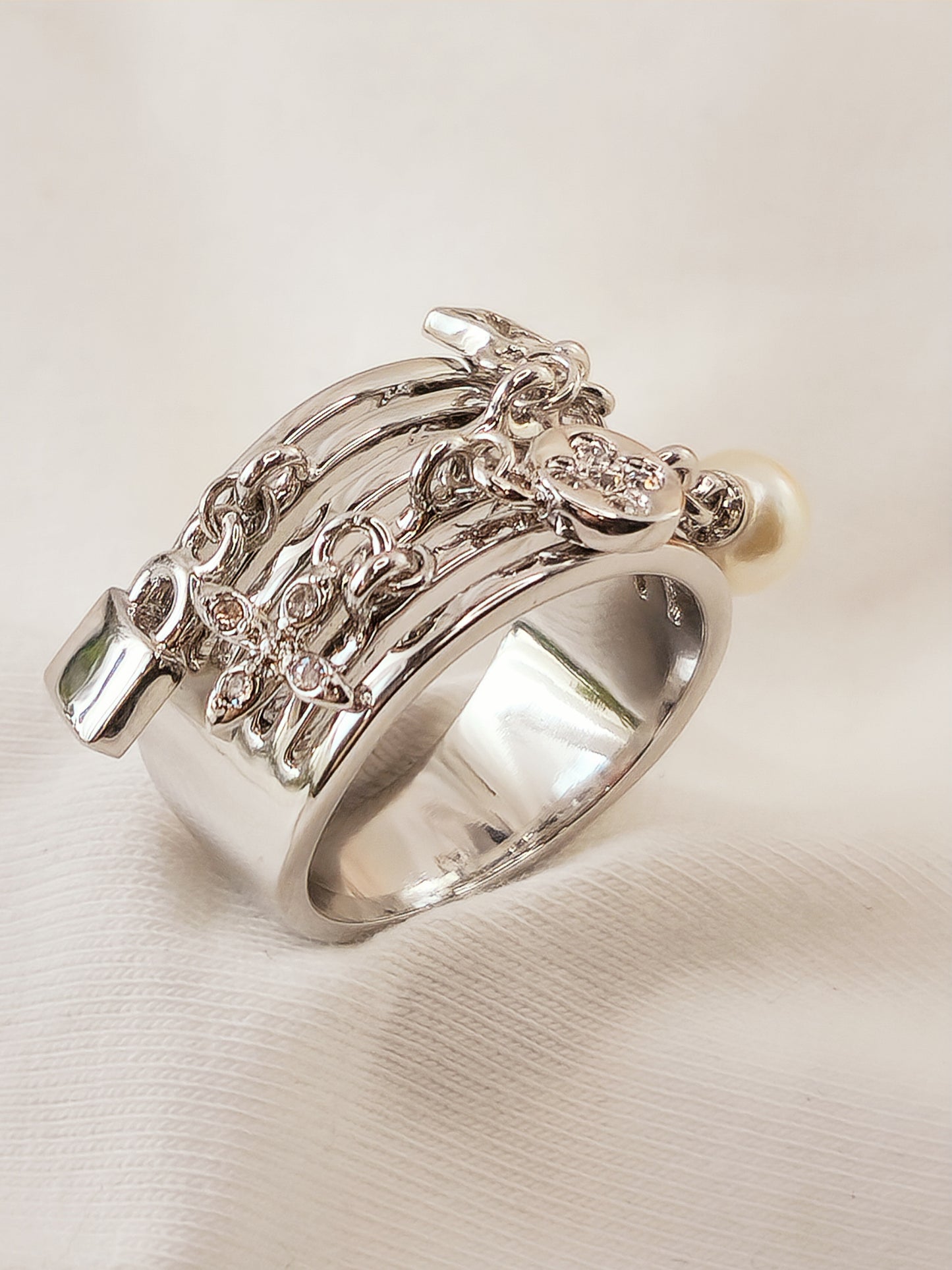 Silver Peace Ring with Crystal and Pearl Pendant