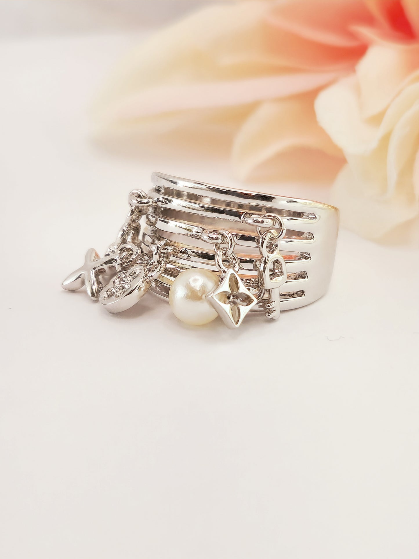 Silver Peace Ring with Crystal and Pearl Pendant