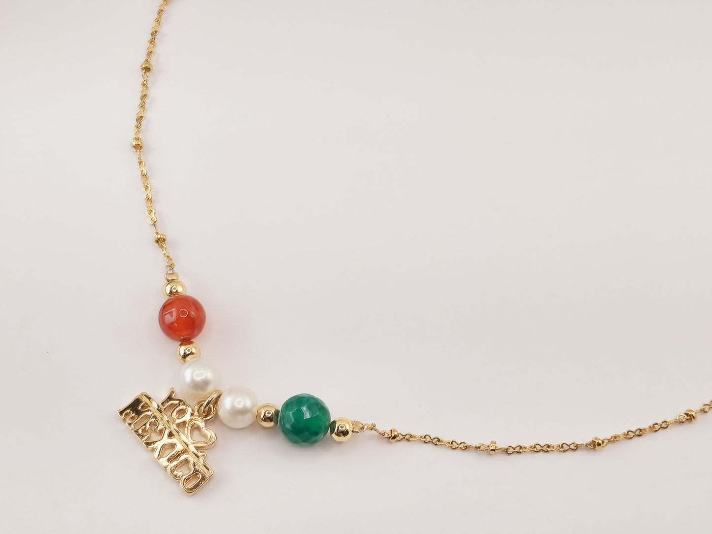 Cadena de Oro Laminado con Ágata, Perla y Dije Yo Amo México