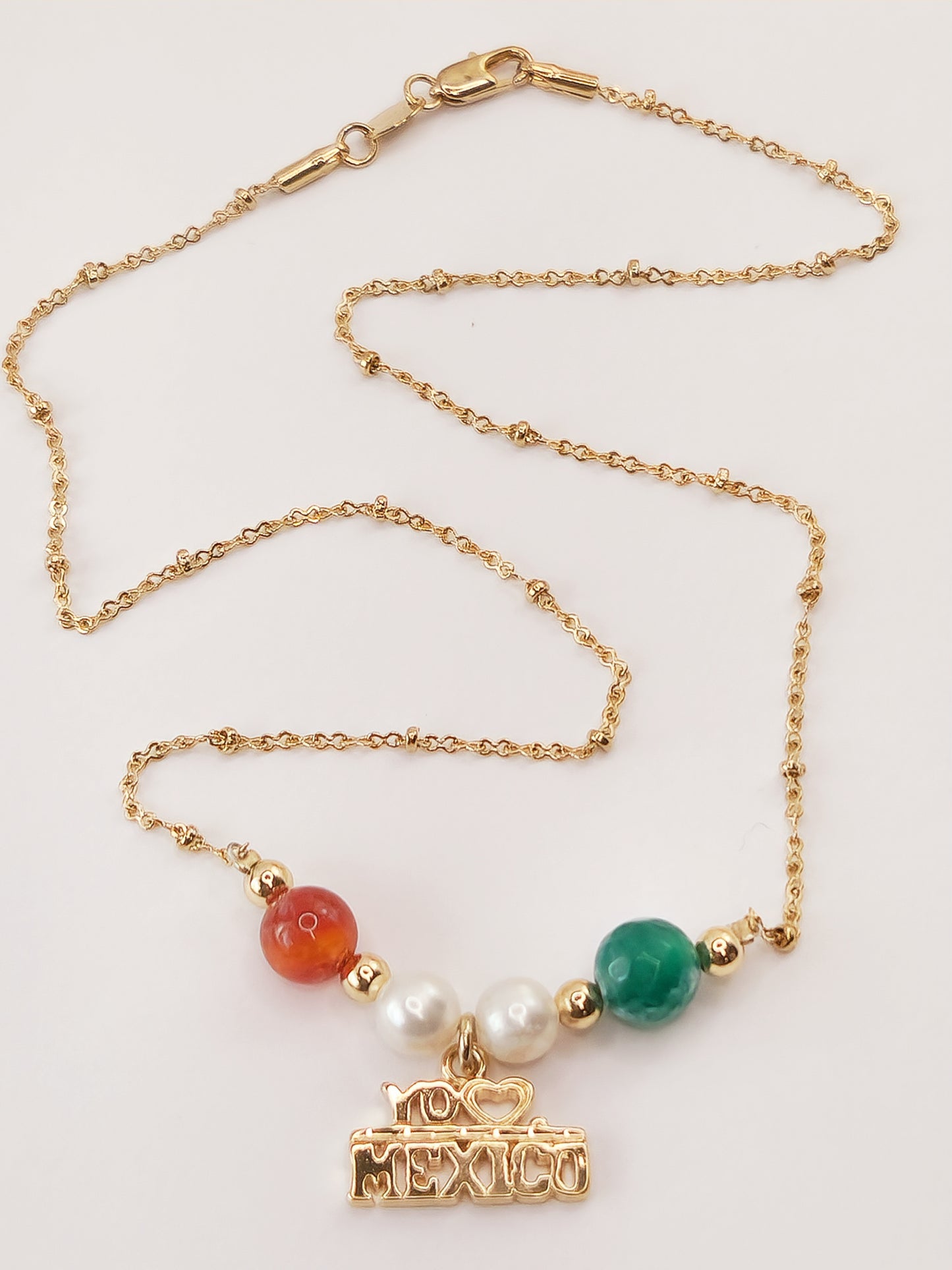 Cadena de Oro Laminado con Ágata, Perla y Dije Yo Amo México