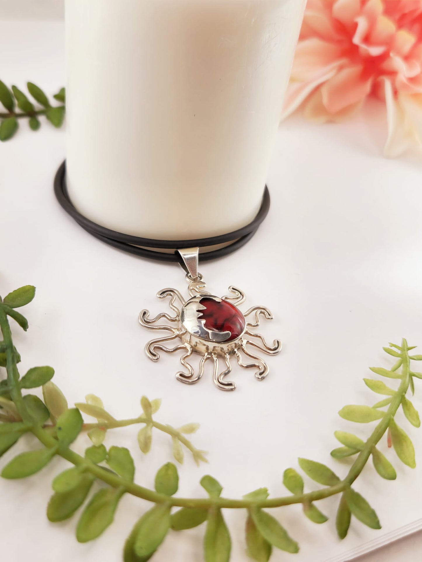 Rubber Cord with Sun and Moon Charm in 925 Silver