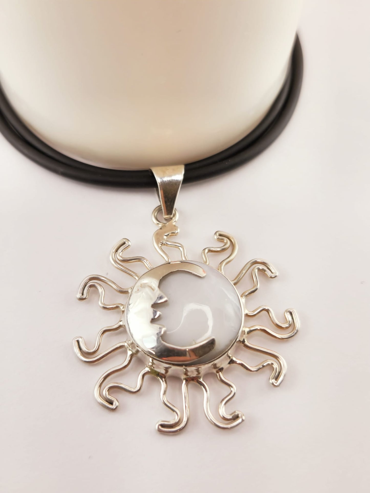 Rubber Cord with Sun and Moon Charm in 925 Silver