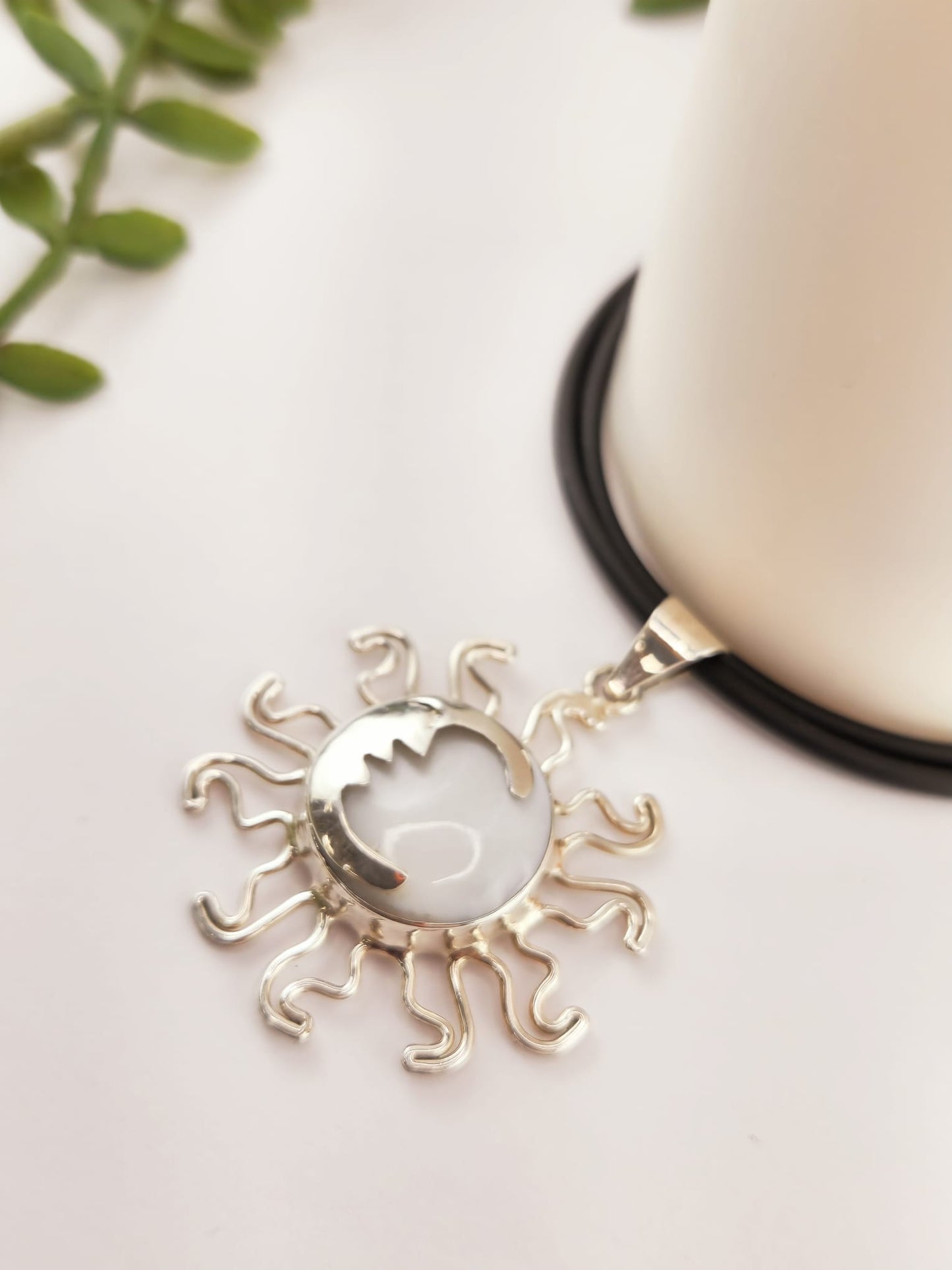 Rubber Cord with Sun and Moon Charm in 925 Silver