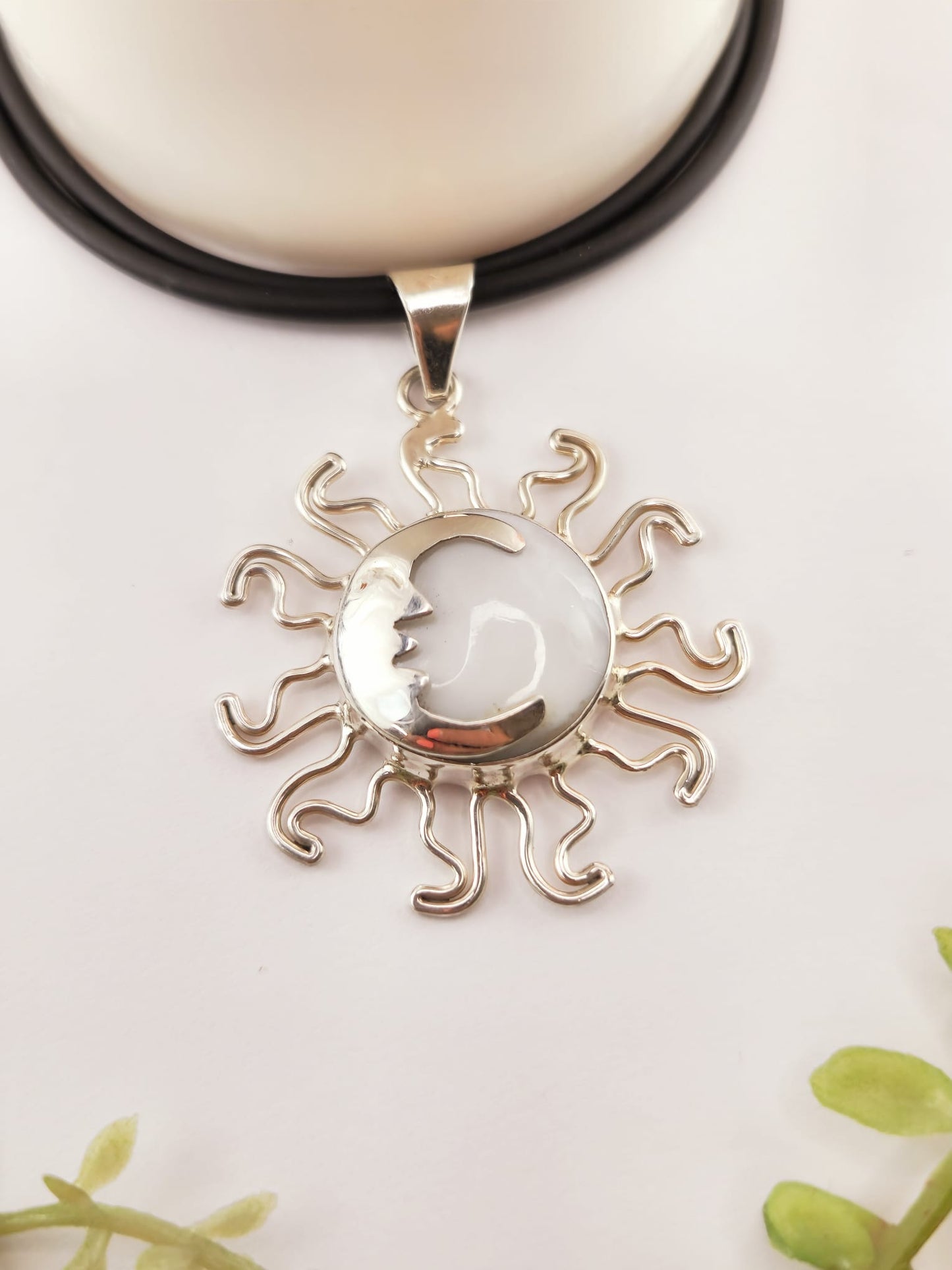 Rubber Cord with Sun and Moon Charm in 925 Silver