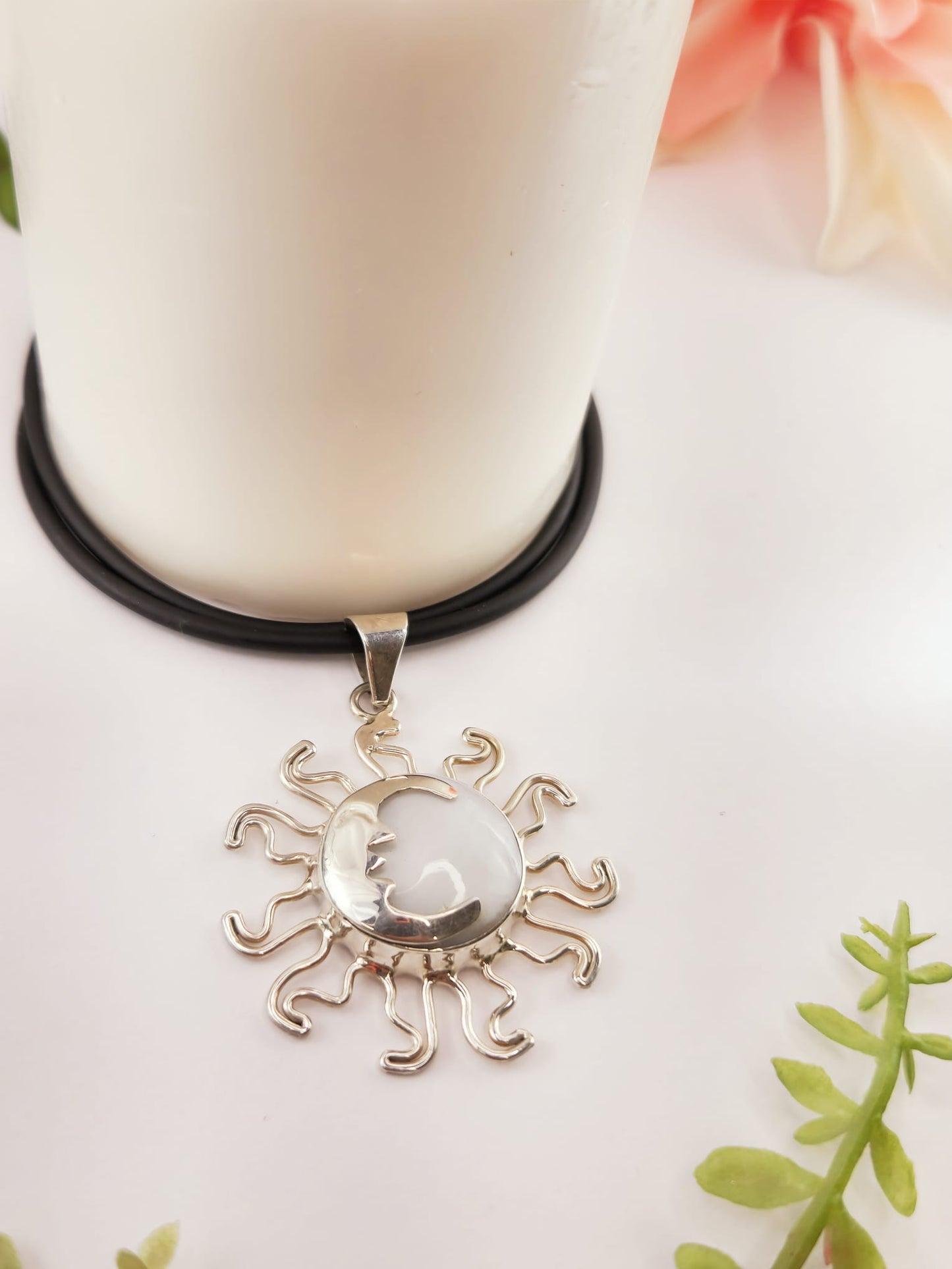 Rubber Cord with Sun and Moon Charm in 925 Silver