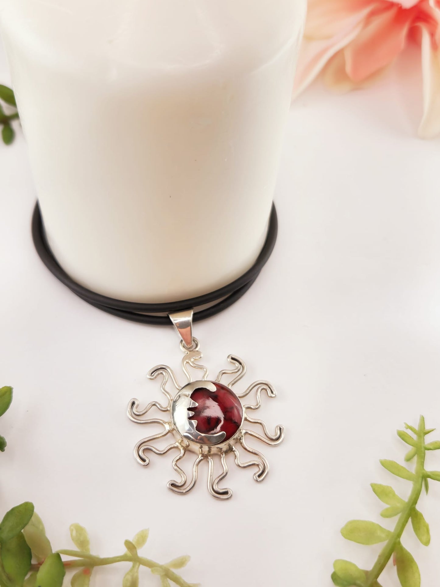 Rubber Cord with Sun and Moon Charm in 925 Silver