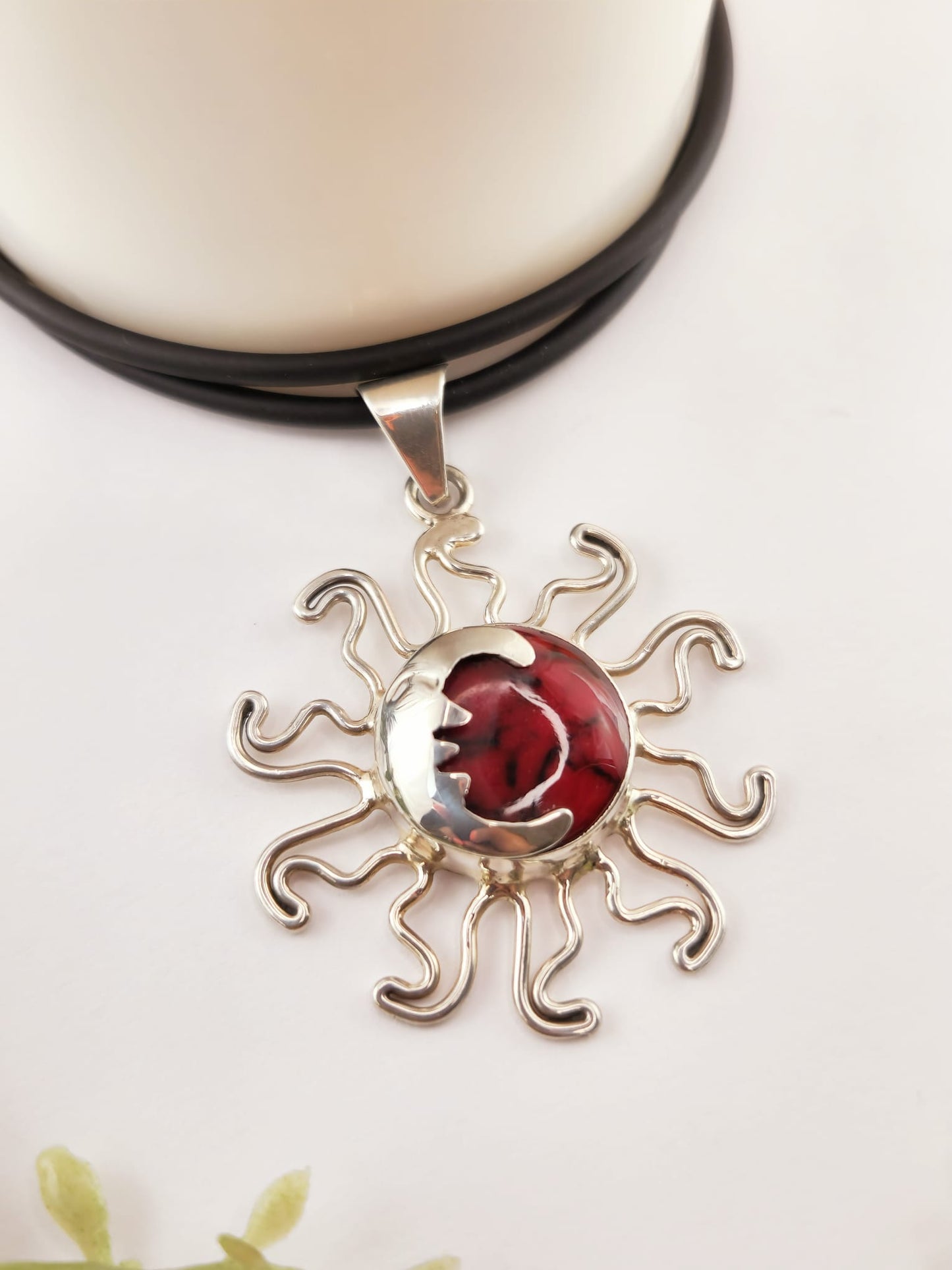 Rubber Cord with Sun and Moon Charm in 925 Silver
