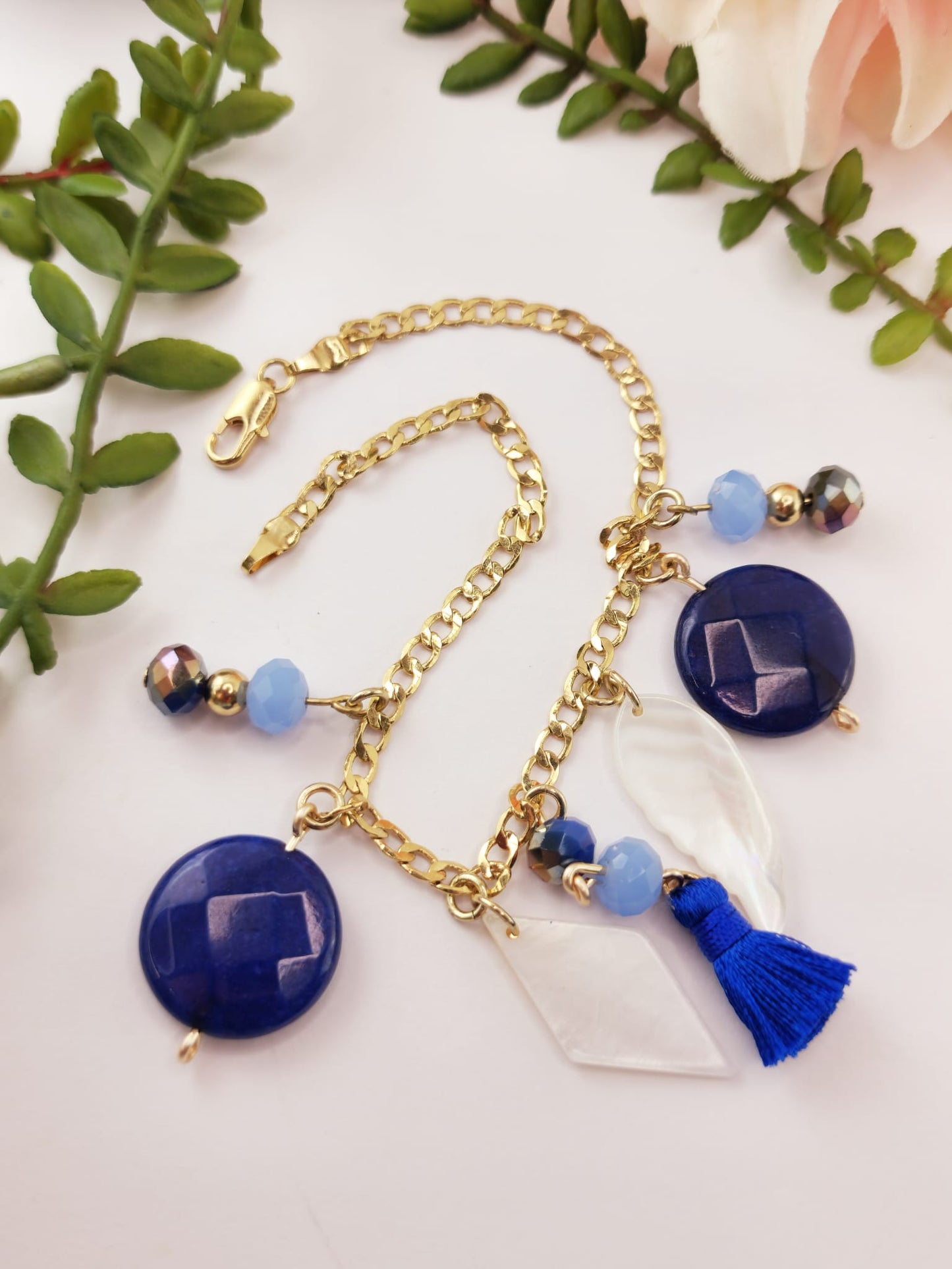 Tobillera de Oro Laminado "Jade Azul y Nácar"