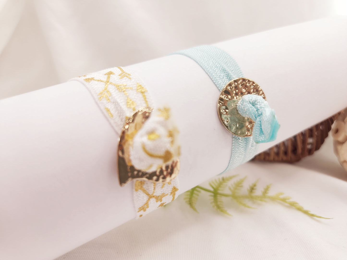 Elastic ribbon bracelets with gold charm