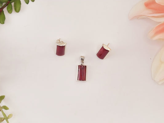 Set of Rectangular Red Coral Stone Pendant and Earring in 925 Silver