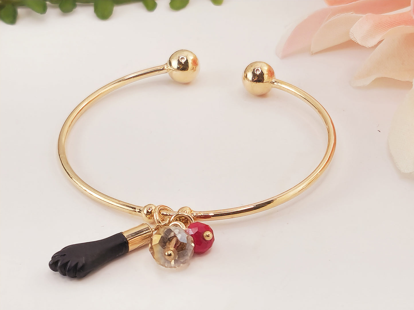 Pulsera Ajustable Oro Laminado Azabache Negro - Cristal Rojo