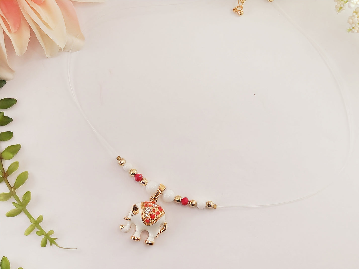 Invisible Thread Necklace - Gold Plated White Elephant Pendant