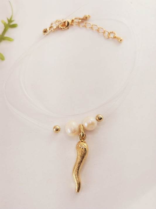 Invisible Thread Necklace - Gold Plated Horn and Pearl Pendant