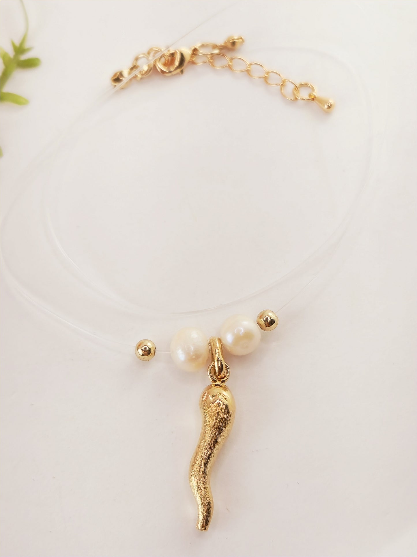 Invisible Thread Necklace - Gold Plated Horn and Pearl Pendant