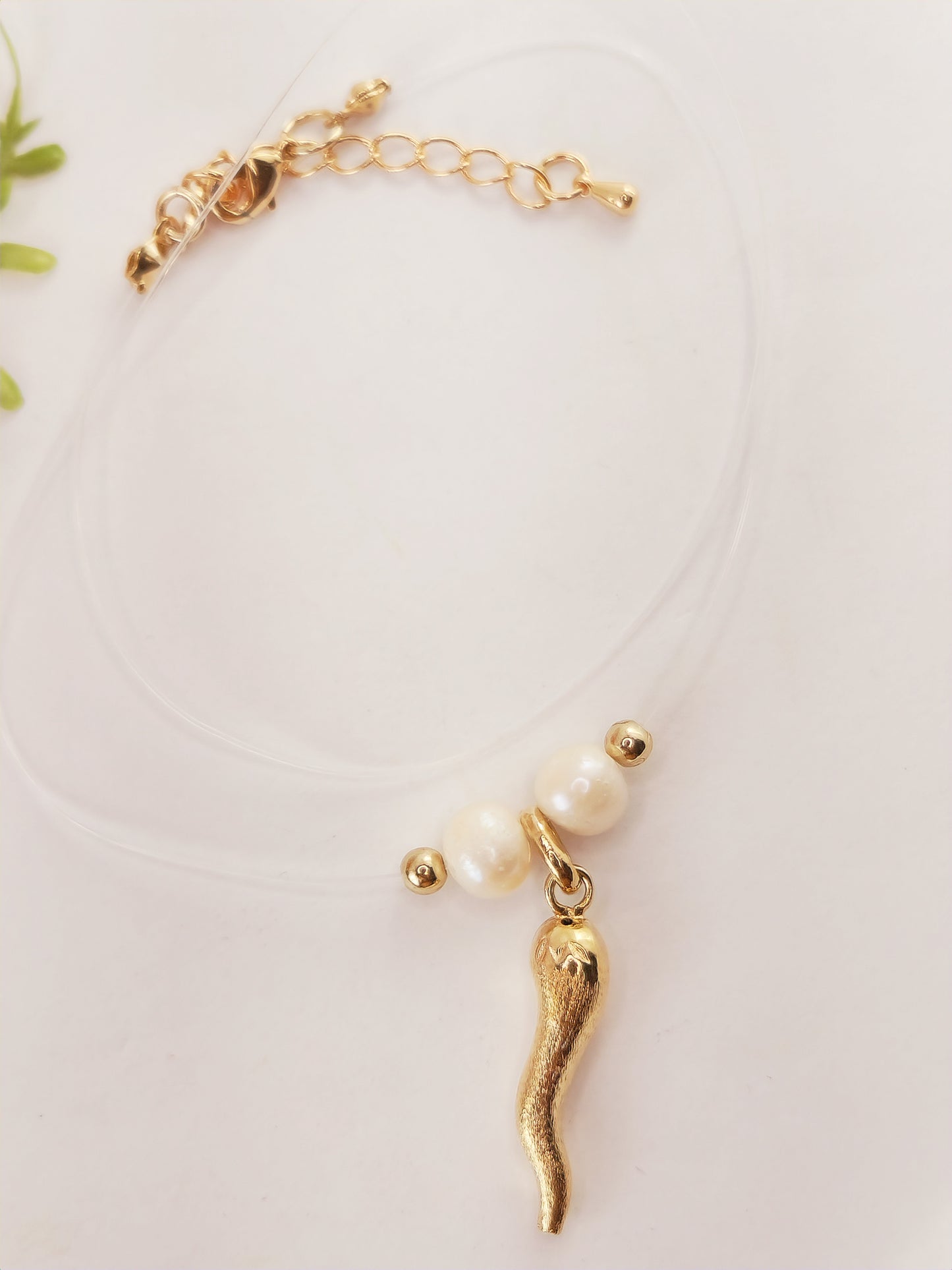 Invisible Thread Necklace - Gold Plated Horn and Pearl Pendant