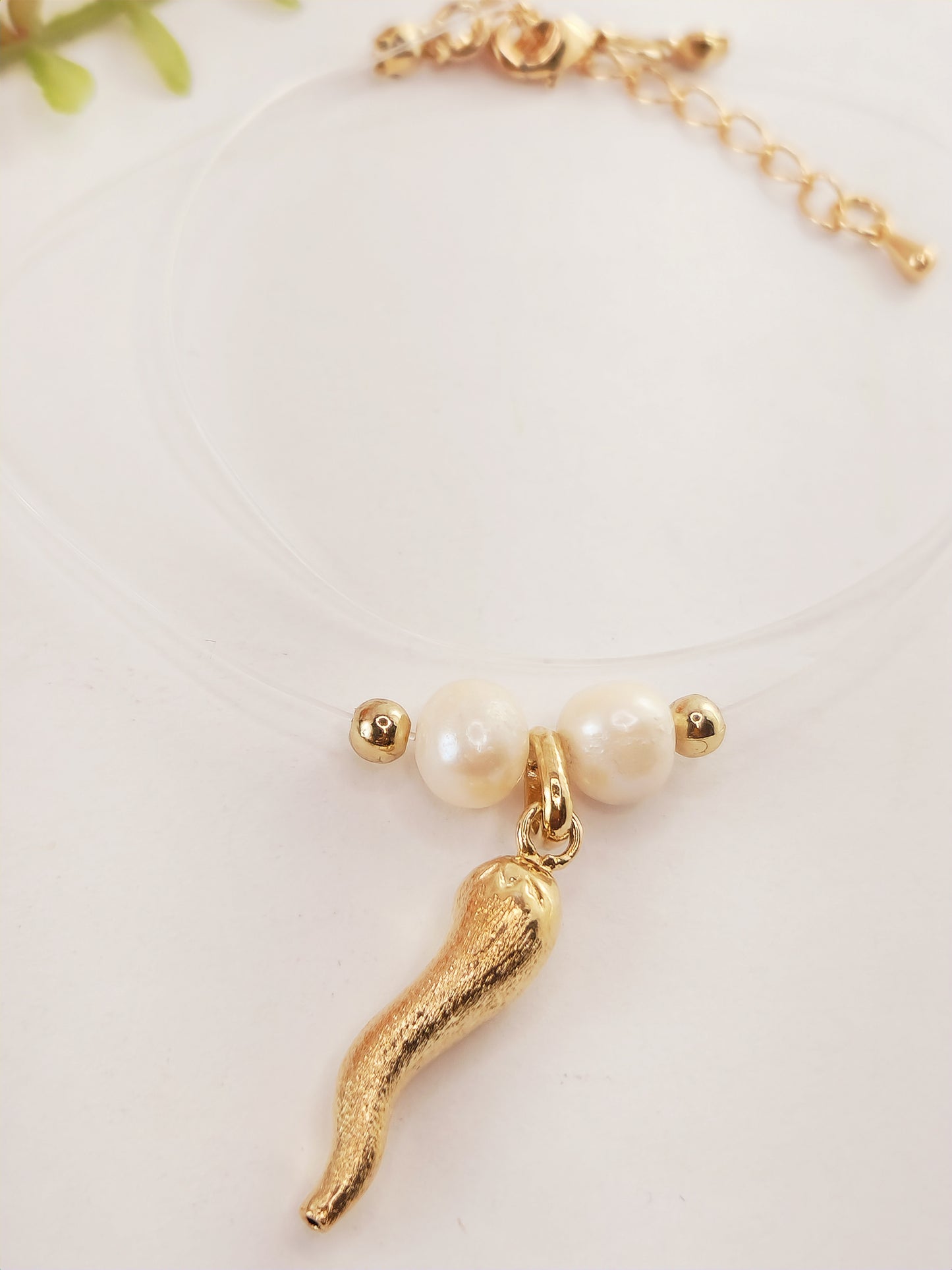 Invisible Thread Necklace - Gold Plated Horn and Pearl Pendant