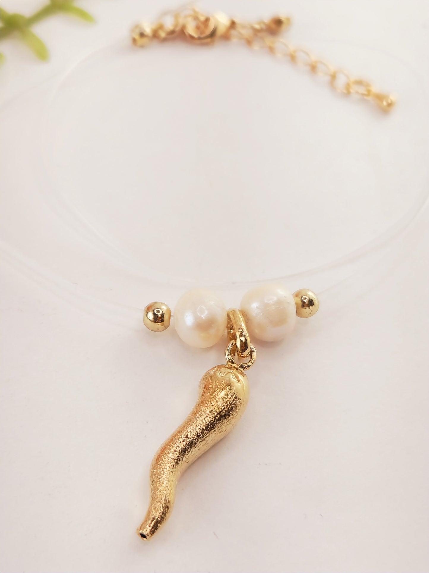 Invisible Thread Necklace - Gold Plated Horn and Pearl Pendant