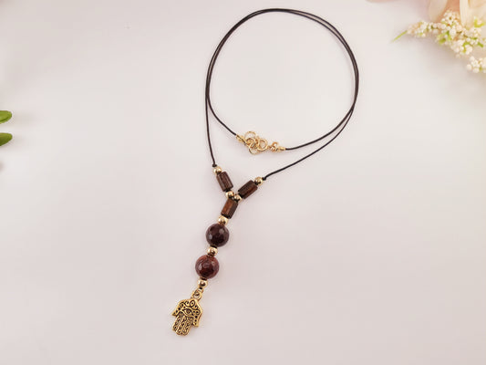 Thread Necklace - Wood - Mookaite Stone - Hamsa