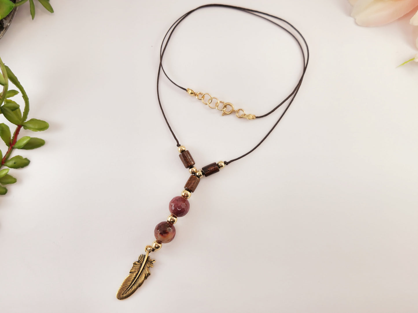 Thread Necklace - Wood - Mookaite Stone - Feather