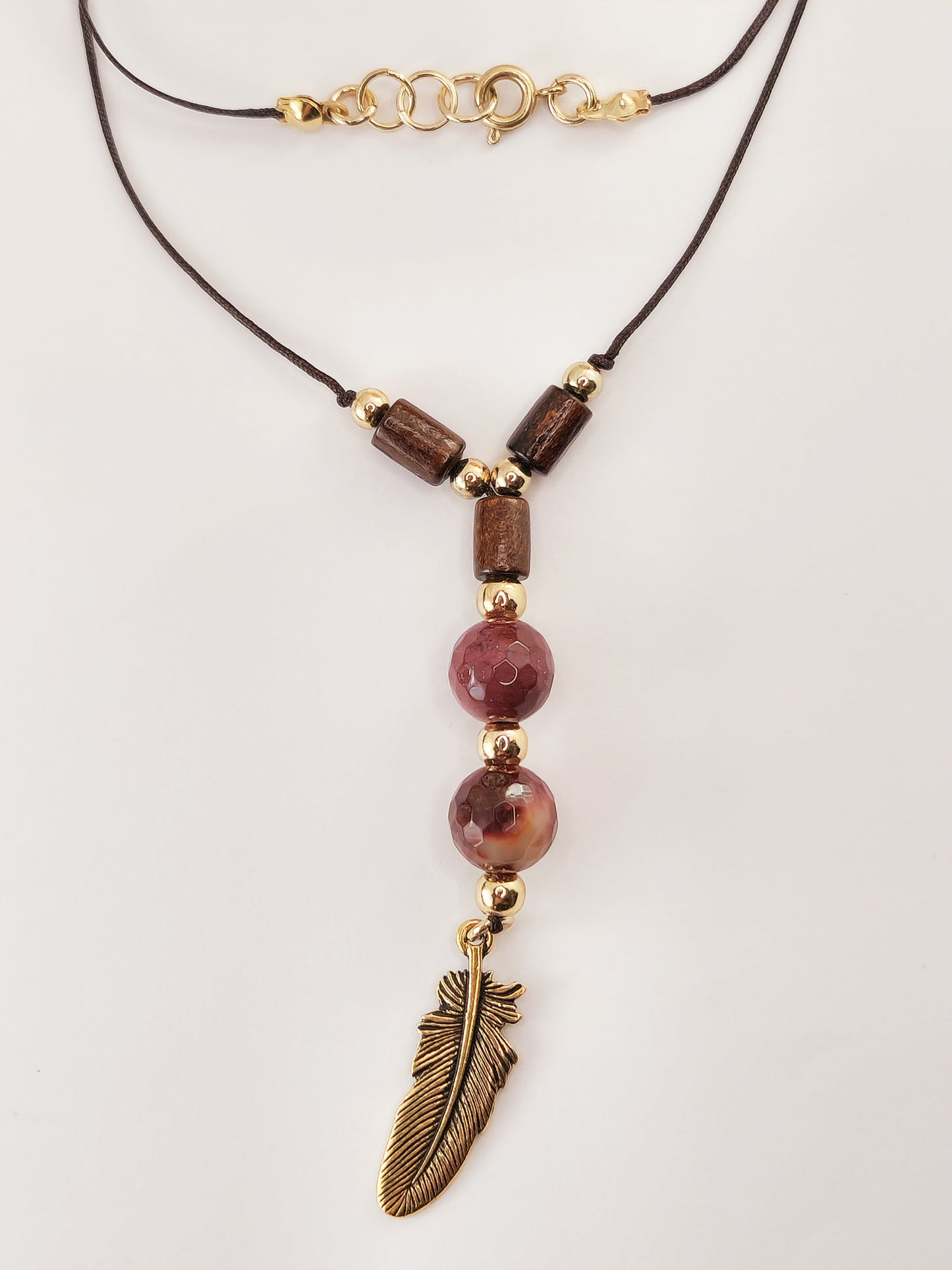 Thread Necklace - Wood - Mookaite Stone - Feather