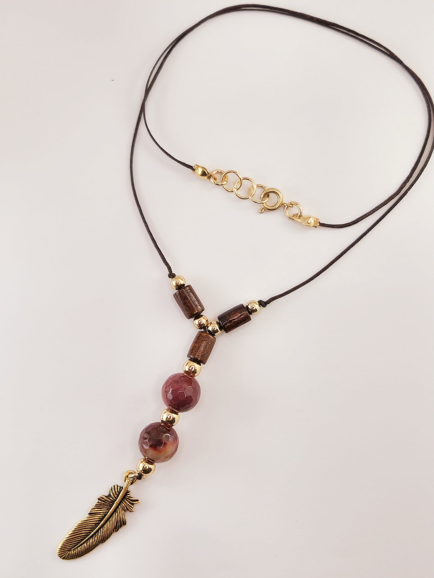 Thread Necklace - Wood - Mookaite Stone - Feather