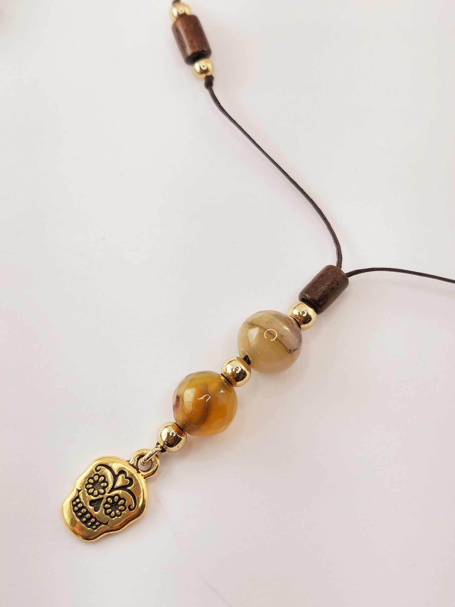 Thread Necklace - Wood - Agate Stone - Skull