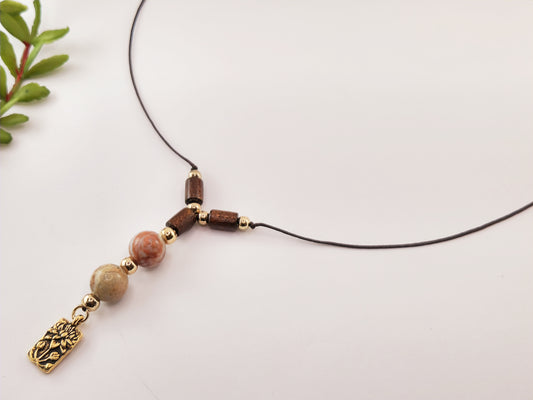 Thread Necklace - Wood - Snakeskin Jasper Stone - Flower of Life