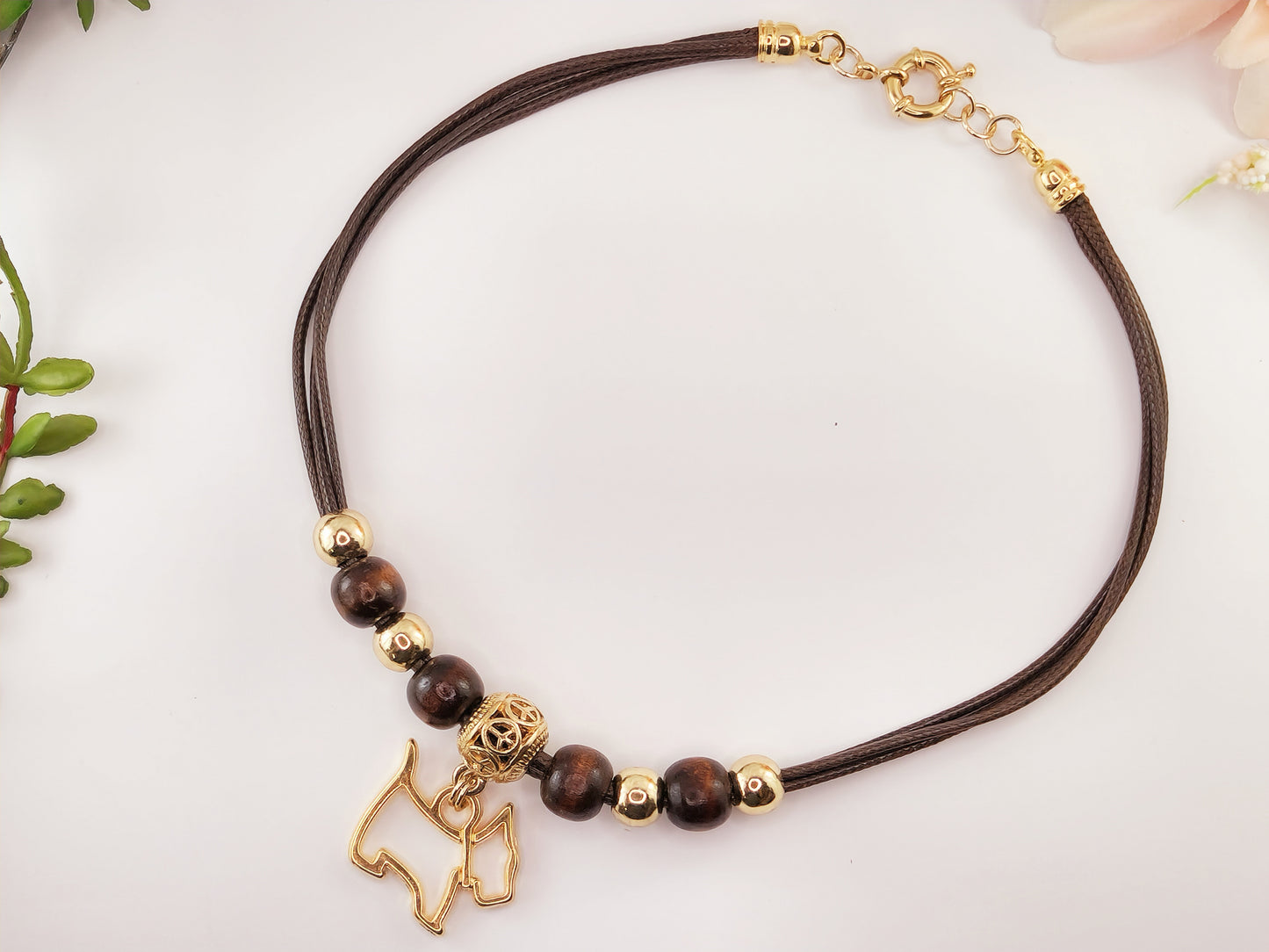 Cord Necklace - Wooden Beads - Puppy Pendant