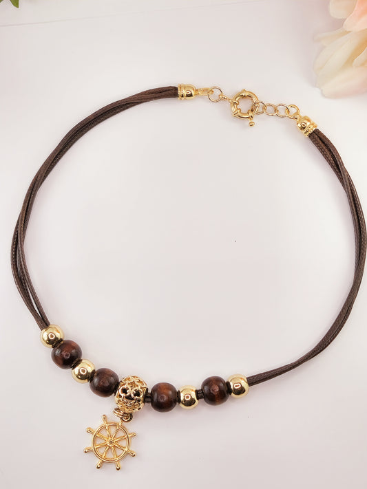 Cord Necklace - Wooden Beads - Rudder Pendant