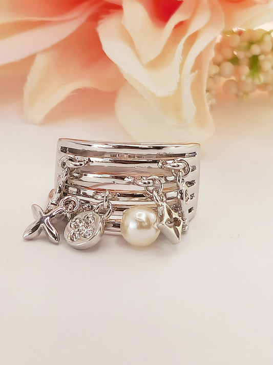 Silver Peace Ring with Crystal and Pearl Pendant