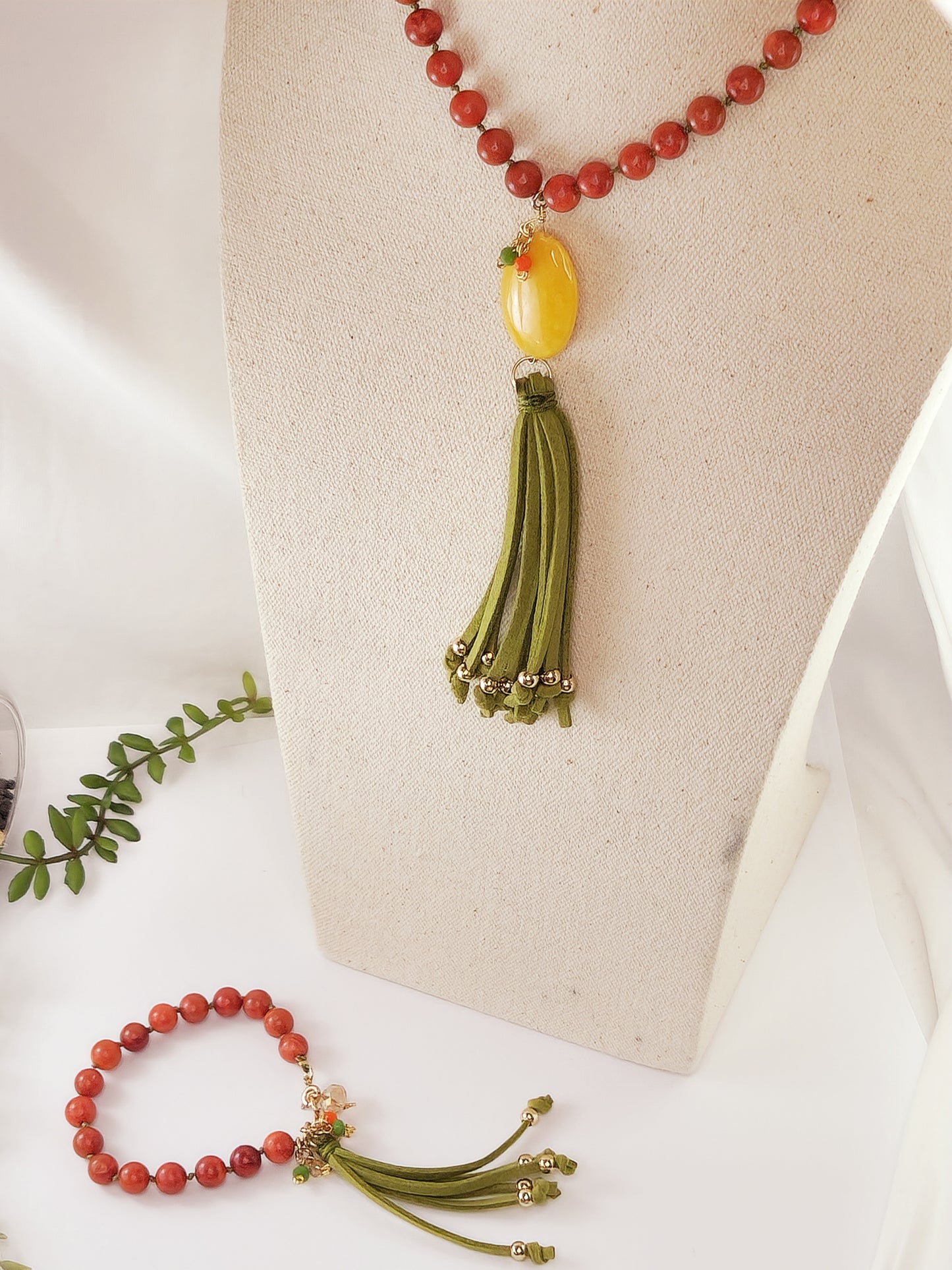 Red Jasper and Yellow Jade Necklace and Bracelet