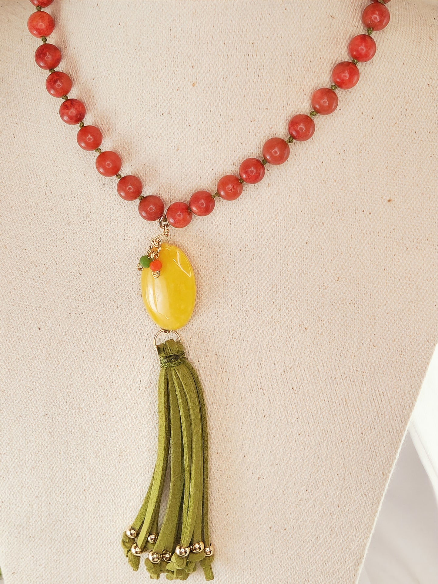 Red Jasper and Yellow Jade Necklace and Bracelet