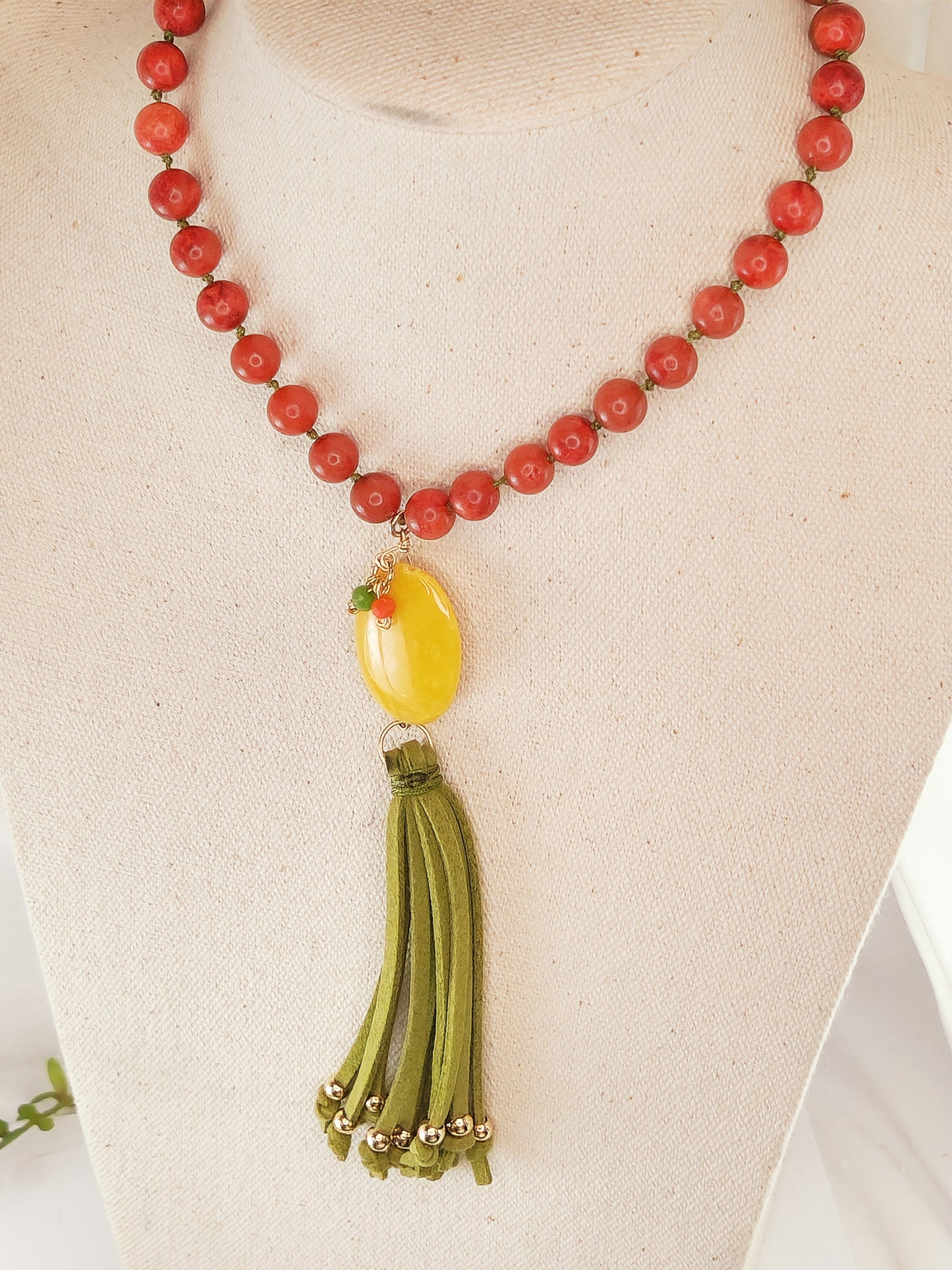 Red Jasper and Yellow Jade Necklace and Bracelet