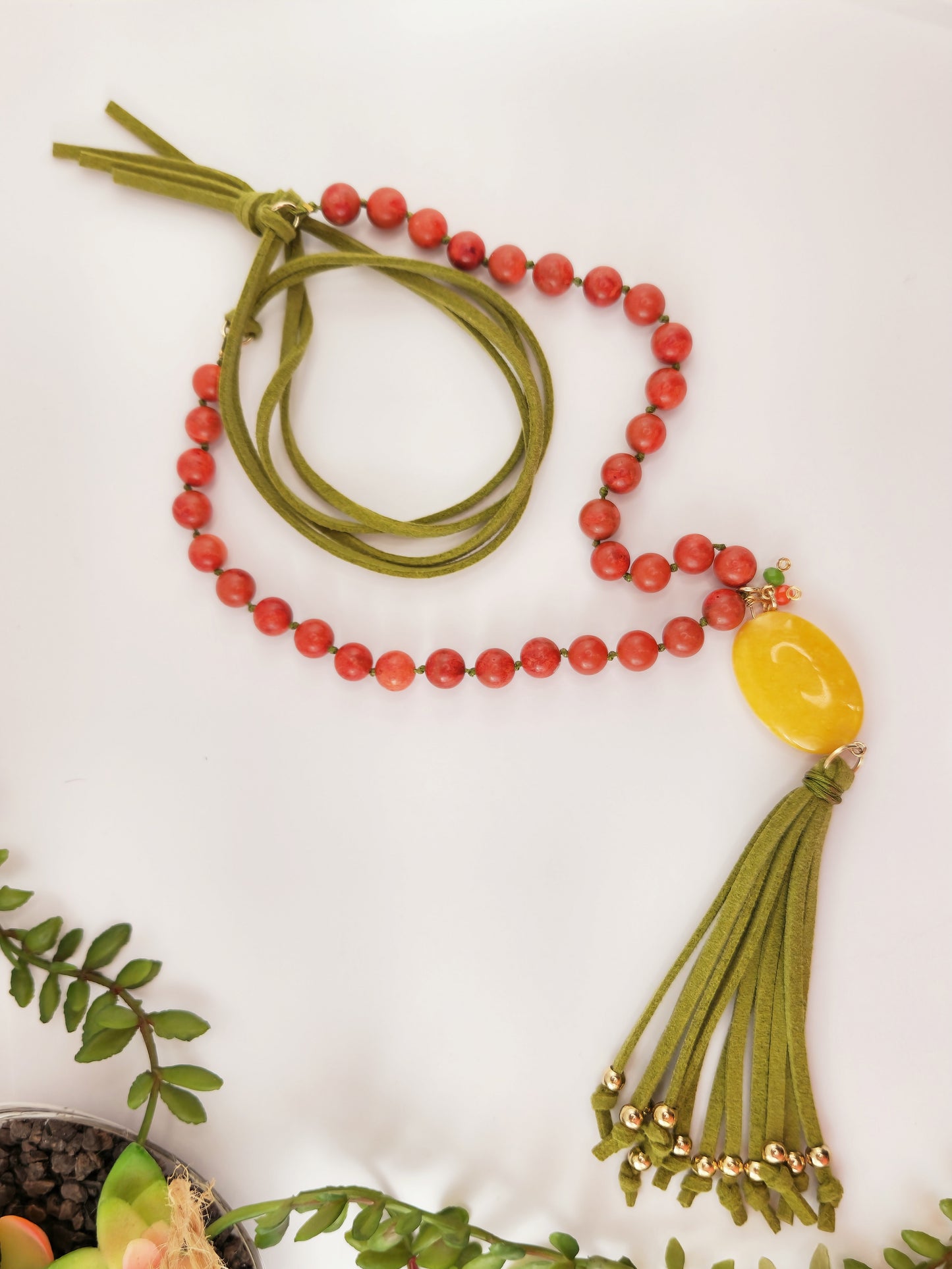 Red Jasper and Yellow Jade Necklace and Bracelet