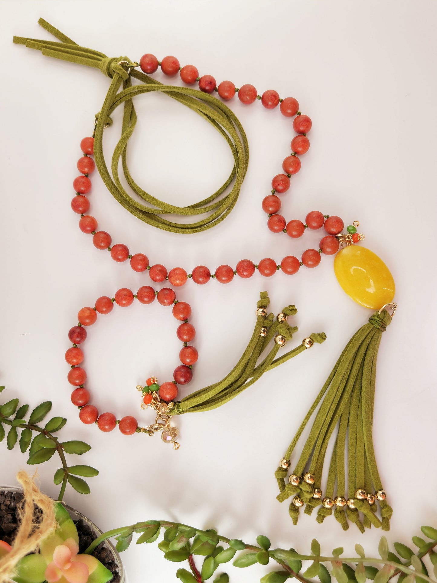 Red Jasper and Yellow Jade Necklace and Bracelet