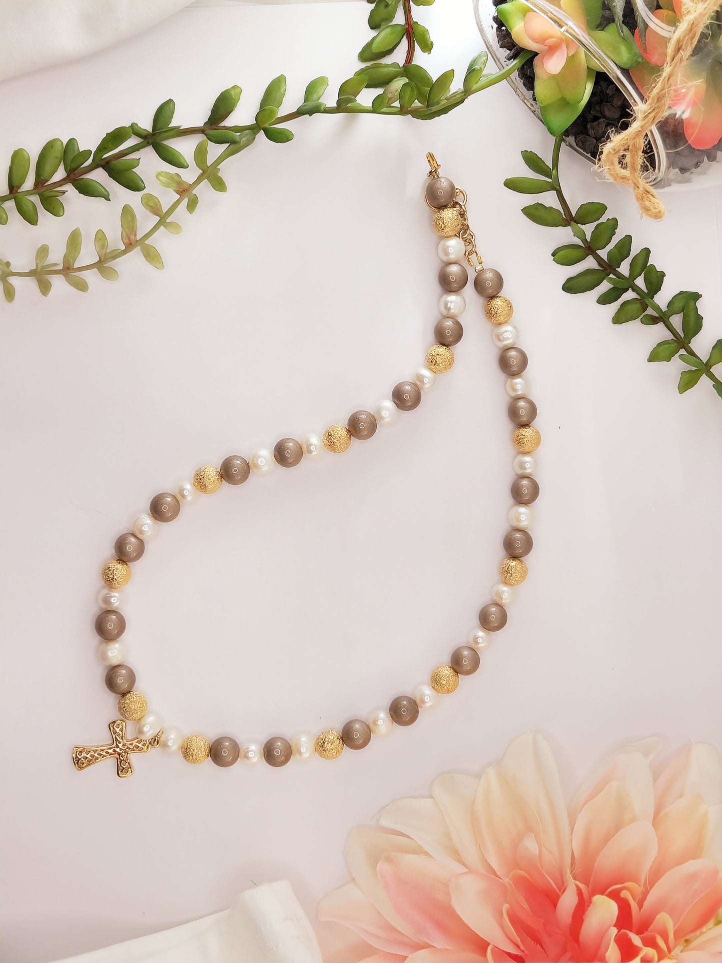 Natural Pearl Necklace - Porcelain Beads - Gold Plated Pendant