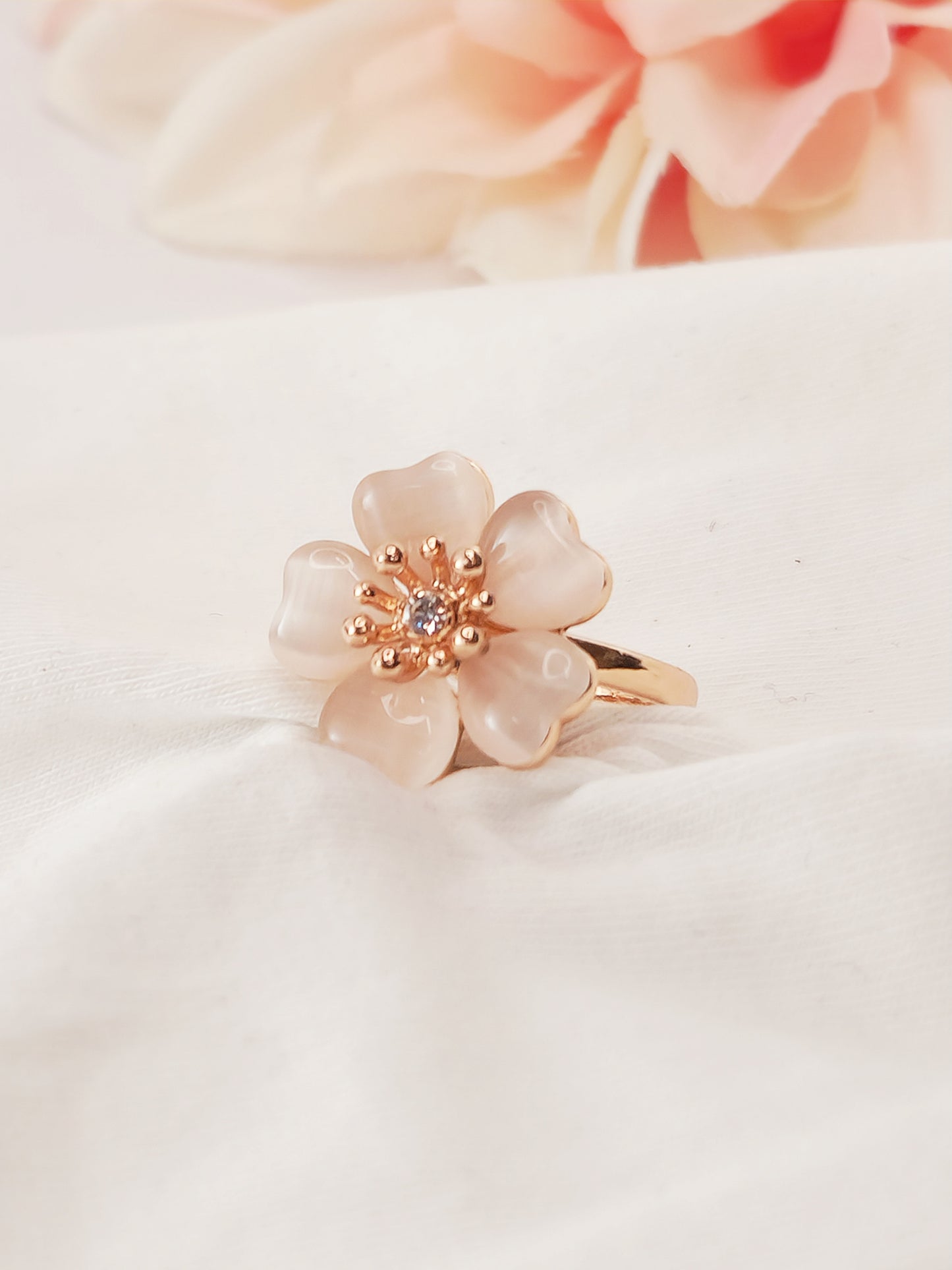 Rose Gold Plated Poppy Flower Ring with Crystal