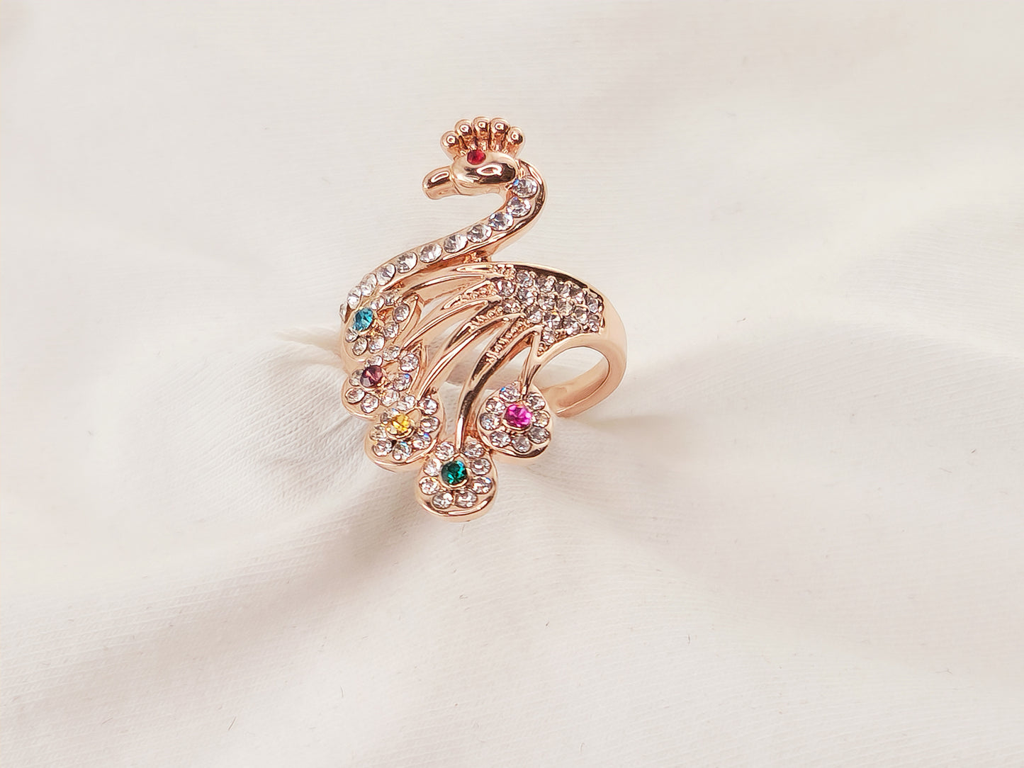 Rose Gold Plated Peacock Ring with Crystals