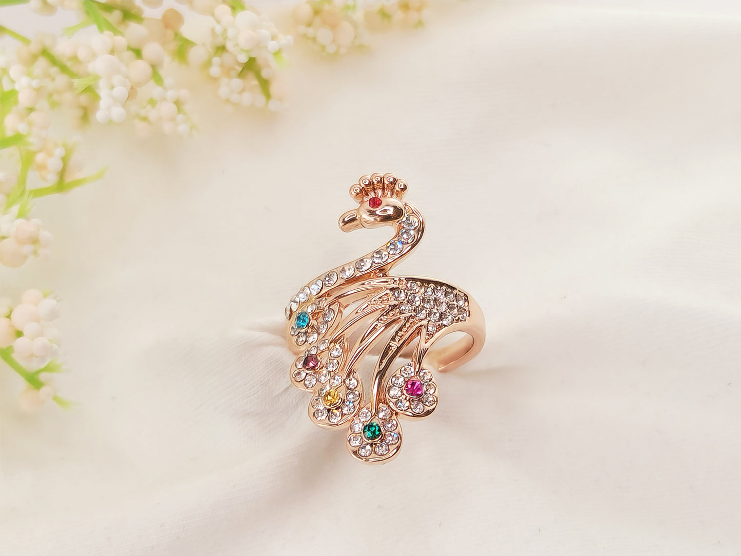 Rose Gold Plated Peacock Ring with Crystals