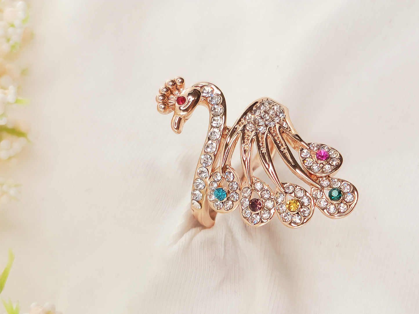 Rose Gold Plated Peacock Ring with Crystals