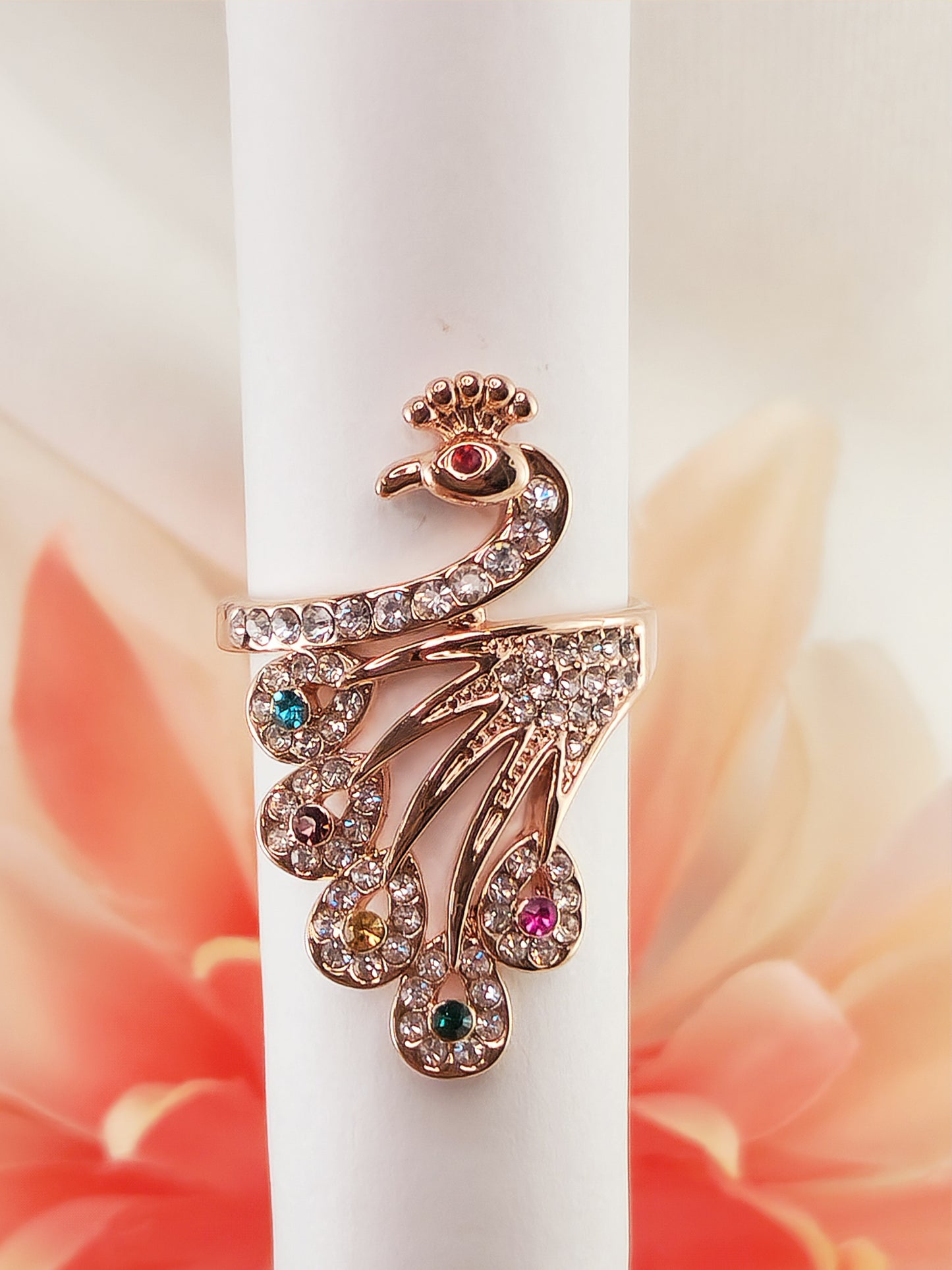 Rose Gold Plated Peacock Ring with Crystals