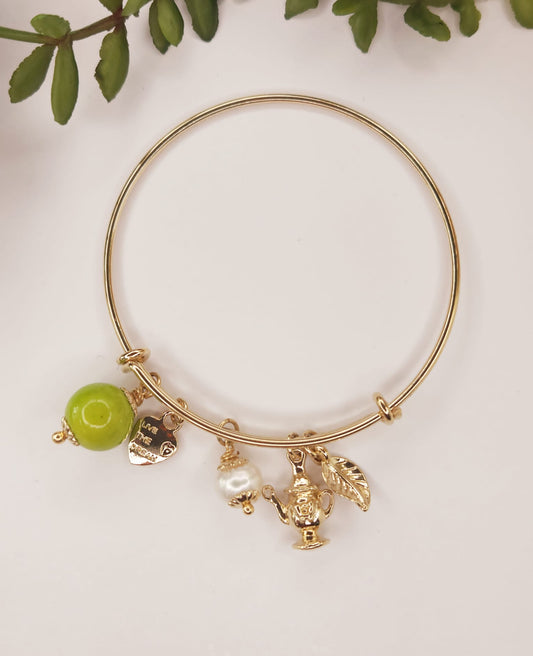 Pulsera Ajustable Oro Laminado Con Perla y Luminosa Verde