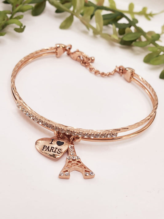 Pulsera Rosa Chapada en Oro con Torre Eiffel y Corazon